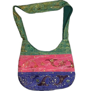 Boho fabric shoulder bag with gold embroidery and sequins green, pink & purple